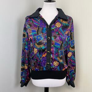 Vintage 80s Notations Multicolor Abstract Baroque Button Down Top Blouse